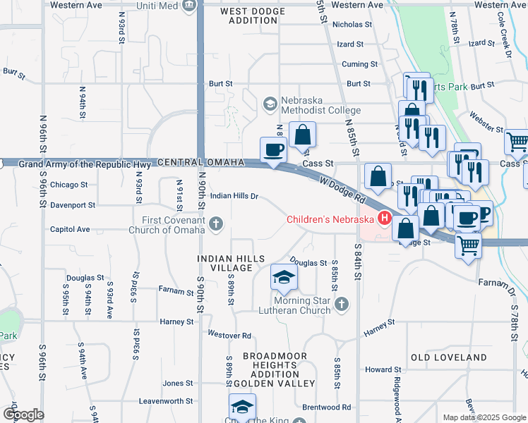 map of restaurants, bars, coffee shops, grocery stores, and more near 8801 Indian Hills Drive in Omaha