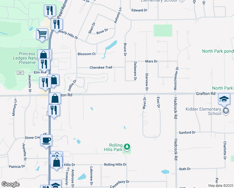 map of restaurants, bars, coffee shops, grocery stores, and more near 3984 Township Road 42 in Brunswick