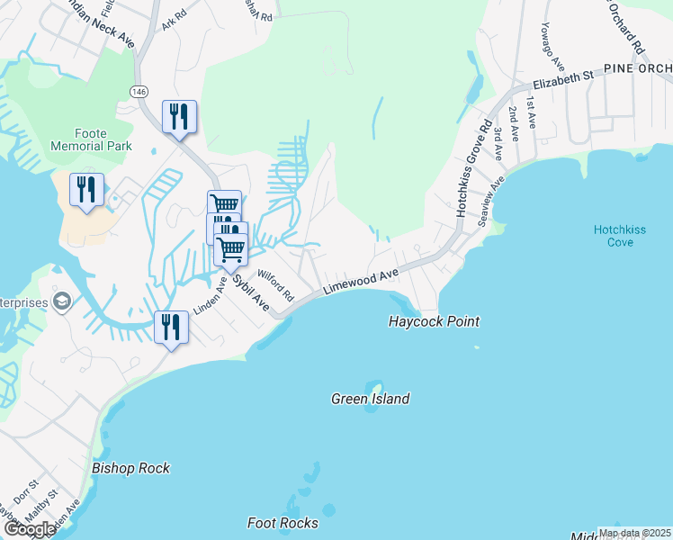 map of restaurants, bars, coffee shops, grocery stores, and more near 73 Limewood Avenue in Branford