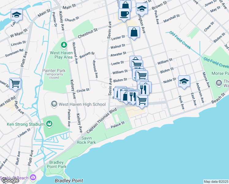 map of restaurants, bars, coffee shops, grocery stores, and more near 292 Park Street in West Haven