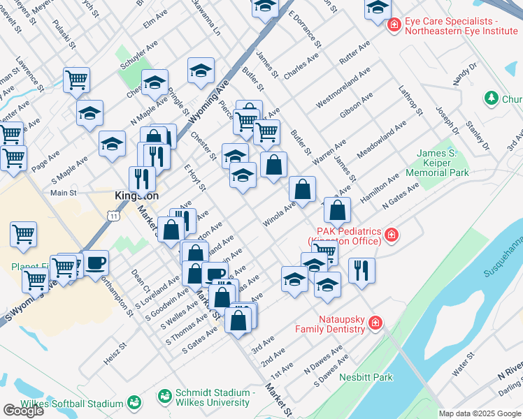 map of restaurants, bars, coffee shops, grocery stores, and more near 101-199 N Loveland Ave in Kingston