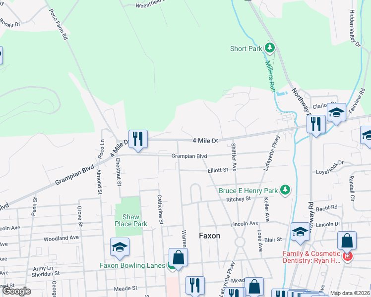 map of restaurants, bars, coffee shops, grocery stores, and more near 1629 Warren Avenue in Williamsport