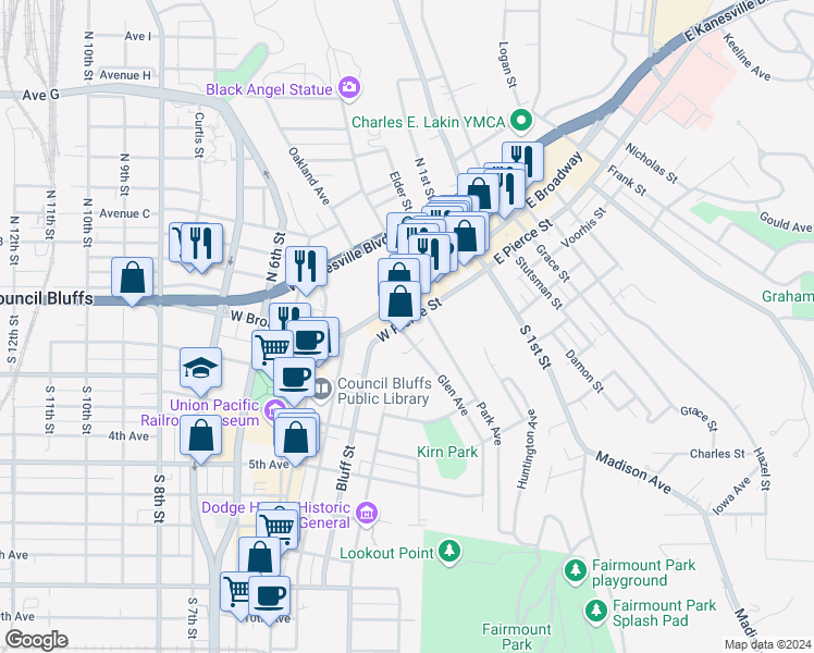 map of restaurants, bars, coffee shops, grocery stores, and more near 315 West Pierce Street in Council Bluffs