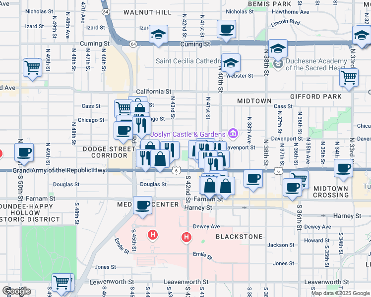 map of restaurants, bars, coffee shops, grocery stores, and more near 124 North 42nd Street in Omaha