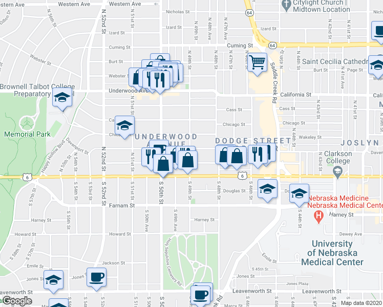 map of restaurants, bars, coffee shops, grocery stores, and more near 4901 Capitol Avenue in Omaha