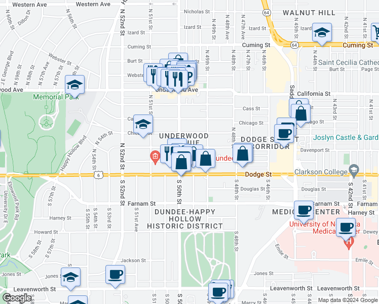 map of restaurants, bars, coffee shops, grocery stores, and more near 4918 Capitol Avenue in Omaha