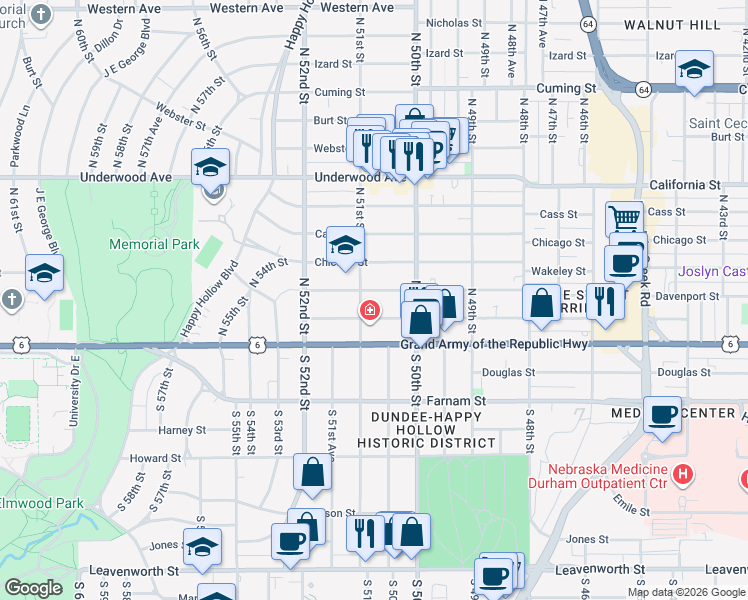 map of restaurants, bars, coffee shops, grocery stores, and more near 5024 Capitol Avenue in Omaha