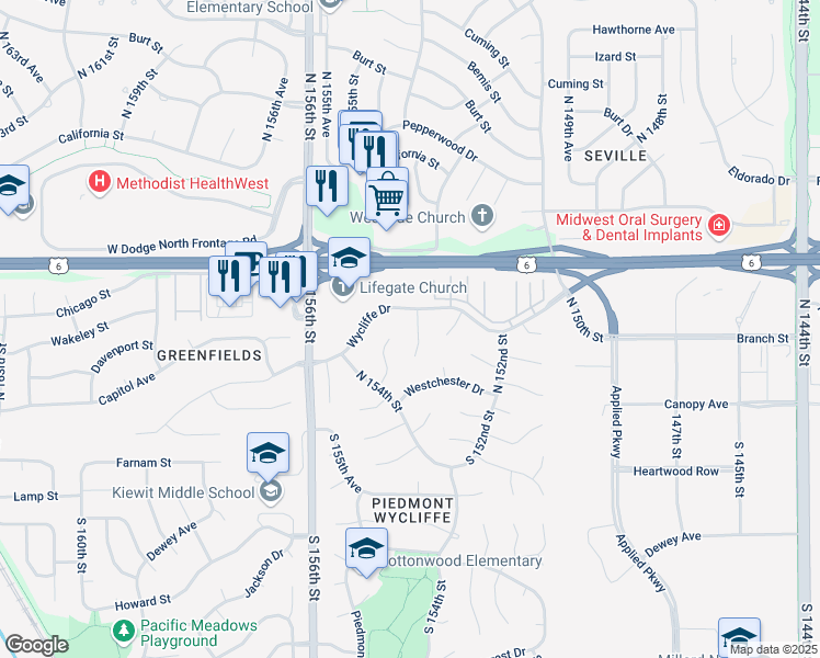map of restaurants, bars, coffee shops, grocery stores, and more near 15315 Davenport Circle in Omaha