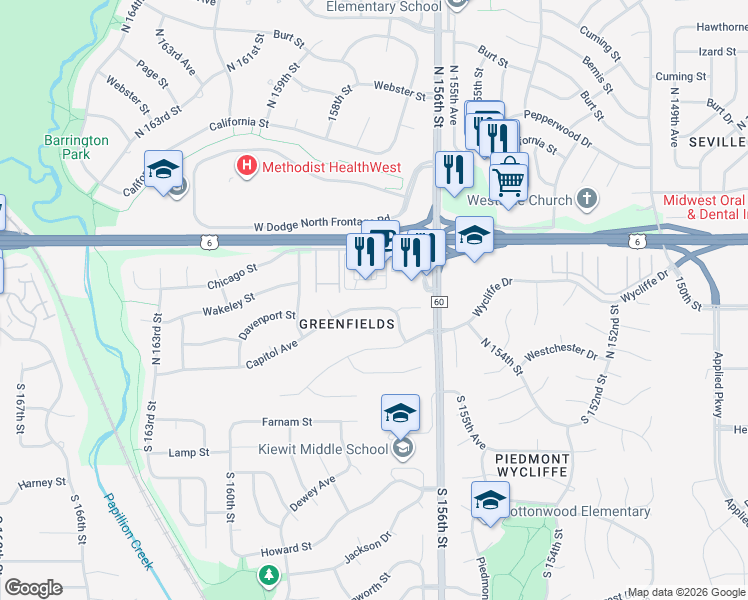 map of restaurants, bars, coffee shops, grocery stores, and more near 15715 Capitol Avenue in Omaha