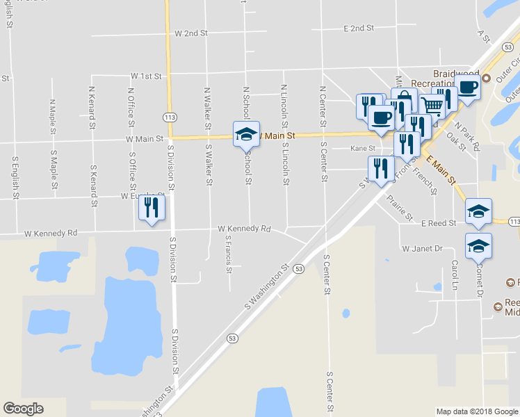 map of restaurants, bars, coffee shops, grocery stores, and more near 279 South School Street in Braidwood