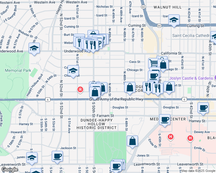 map of restaurants, bars, coffee shops, grocery stores, and more near 4901 Capitol Avenue in Omaha