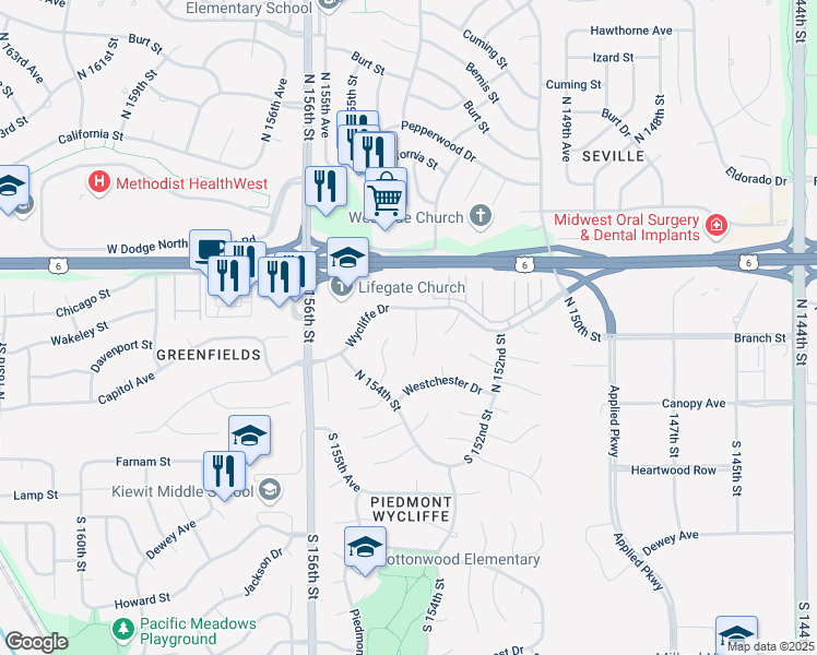 map of restaurants, bars, coffee shops, grocery stores, and more near 15315 Davenport Circle in Omaha