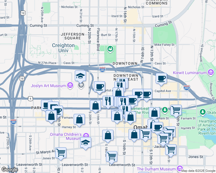 map of restaurants, bars, coffee shops, grocery stores, and more near 401 North 18th Street in Omaha