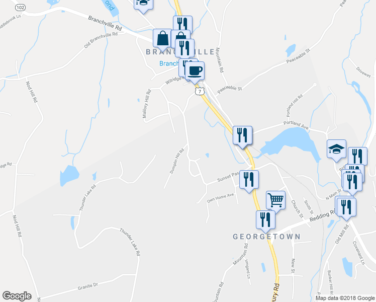 map of restaurants, bars, coffee shops, grocery stores, and more near 44 Wilridge Road in Wilton