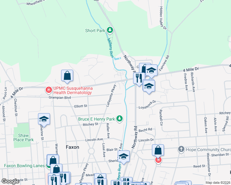 map of restaurants, bars, coffee shops, grocery stores, and more near 1600-1698 Grampian Boulevard in Williamsport