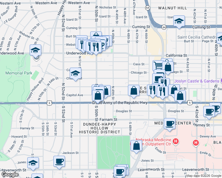 map of restaurants, bars, coffee shops, grocery stores, and more near 224 North 49th Street in Omaha