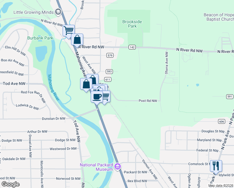 map of restaurants, bars, coffee shops, grocery stores, and more near Post Road Northwest in Warren
