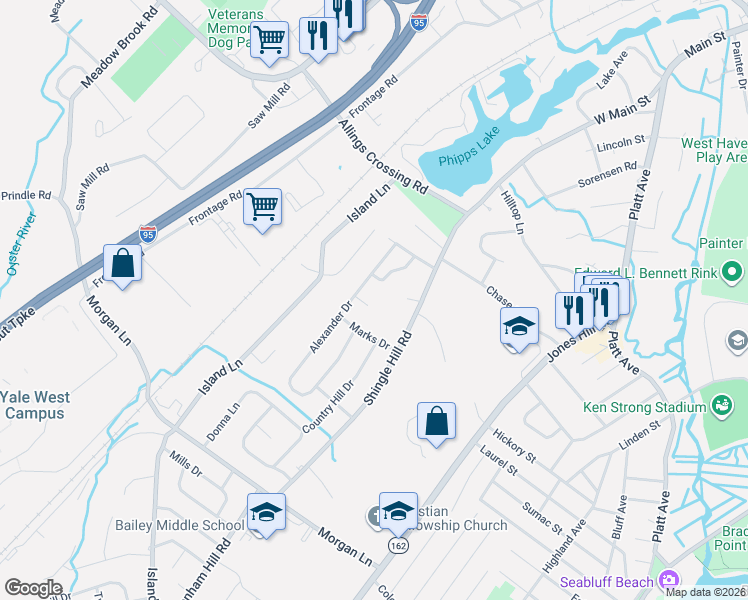 map of restaurants, bars, coffee shops, grocery stores, and more near 37 Shingle Hill Road in West Haven