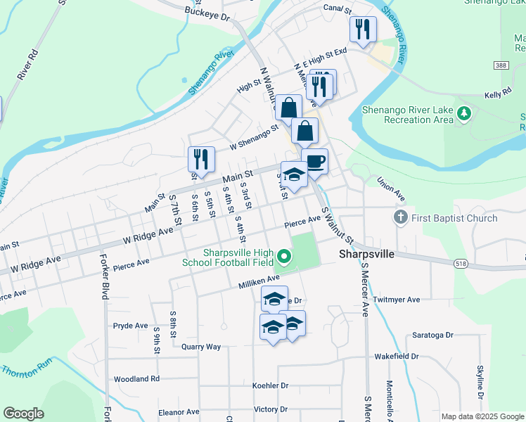 map of restaurants, bars, coffee shops, grocery stores, and more near 141 South 3rd Street in Sharpsville