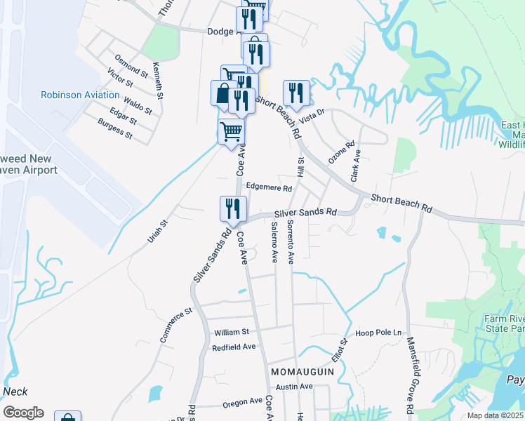 map of restaurants, bars, coffee shops, grocery stores, and more near 154 Salerno Avenue in East Haven