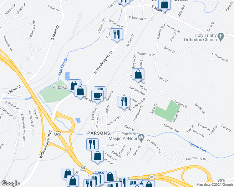 map of restaurants, bars, coffee shops, grocery stores, and more near 120-130 Matson Avenue in Wilkes-Barre