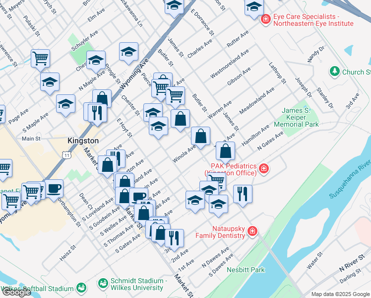 map of restaurants, bars, coffee shops, grocery stores, and more near 377 Winola Avenue in Kingston