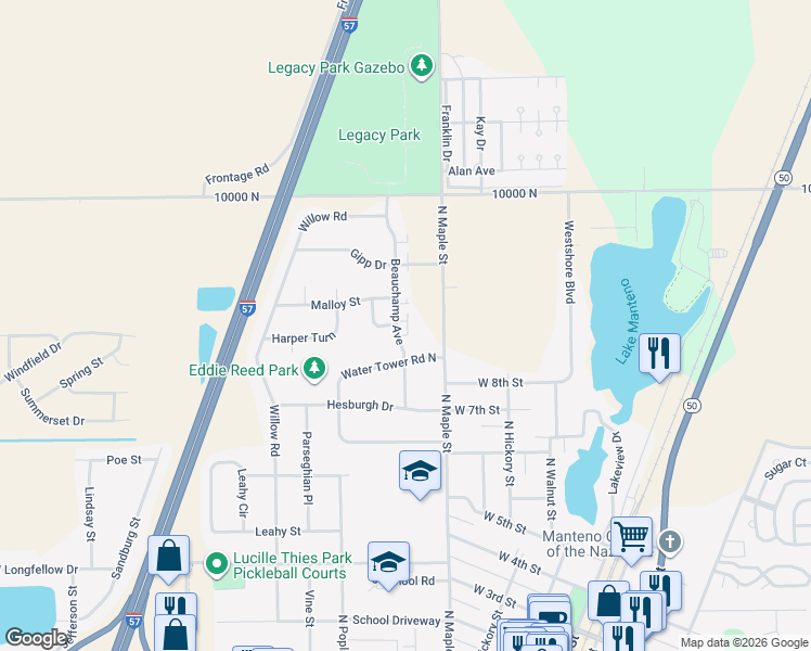 map of restaurants, bars, coffee shops, grocery stores, and more near 443 Water Tower Road North in Manteno