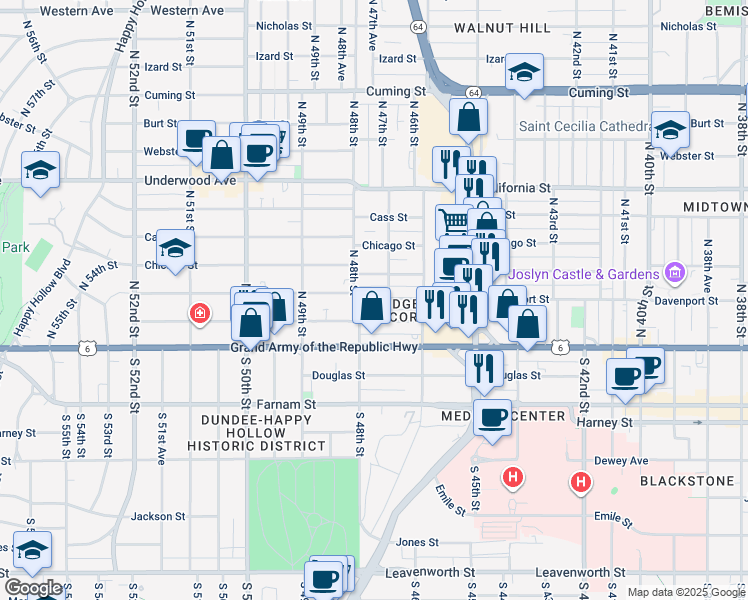 map of restaurants, bars, coffee shops, grocery stores, and more near 4748 Capitol Avenue in Omaha