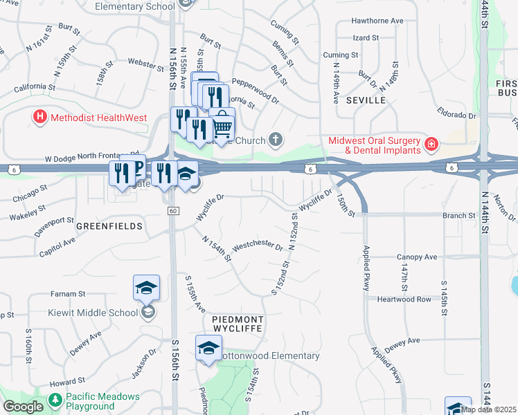 map of restaurants, bars, coffee shops, grocery stores, and more near 305 North 153rd Circle in Omaha