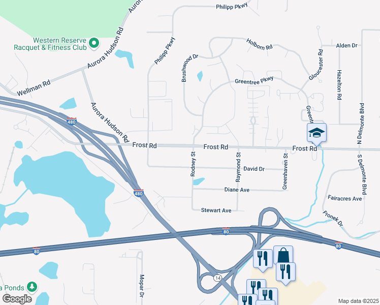 map of restaurants, bars, coffee shops, grocery stores, and more near 653 David Drive in Streetsboro