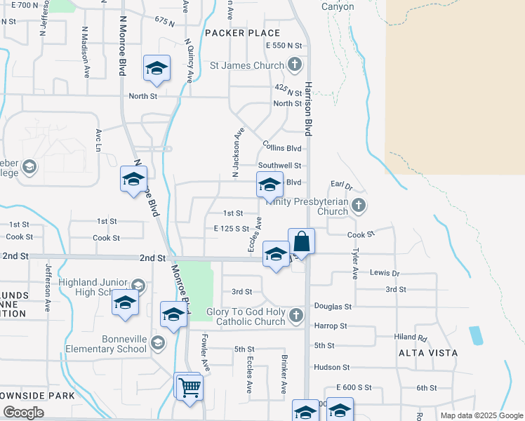 map of restaurants, bars, coffee shops, grocery stores, and more near 130 North Eccles Avenue in Ogden