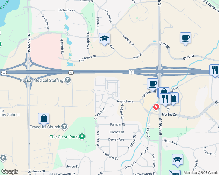 map of restaurants, bars, coffee shops, grocery stores, and more near 18510 Chicago Court in Omaha