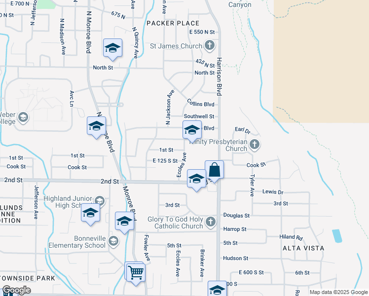 map of restaurants, bars, coffee shops, grocery stores, and more near 130 North Eccles Avenue in Ogden
