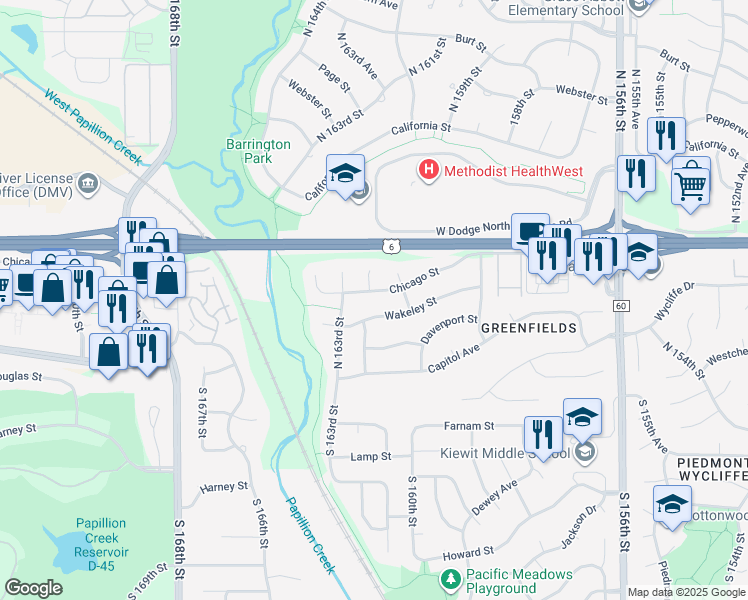 map of restaurants, bars, coffee shops, grocery stores, and more near in Omaha