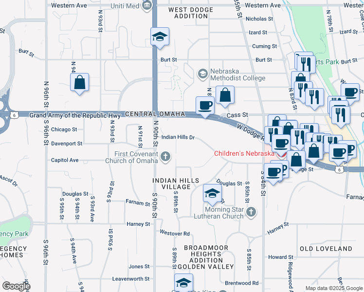 map of restaurants, bars, coffee shops, grocery stores, and more near 8805 Indian Hills Drive in Omaha