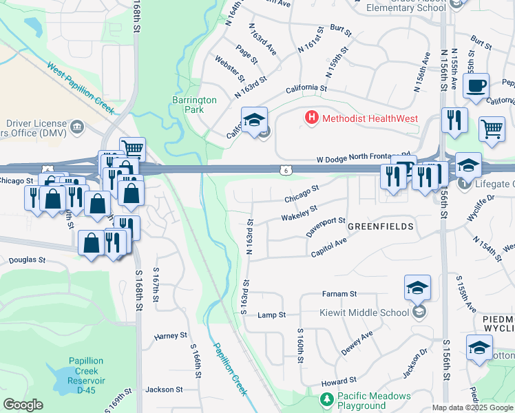 map of restaurants, bars, coffee shops, grocery stores, and more near 417 North 163rd Street in Omaha