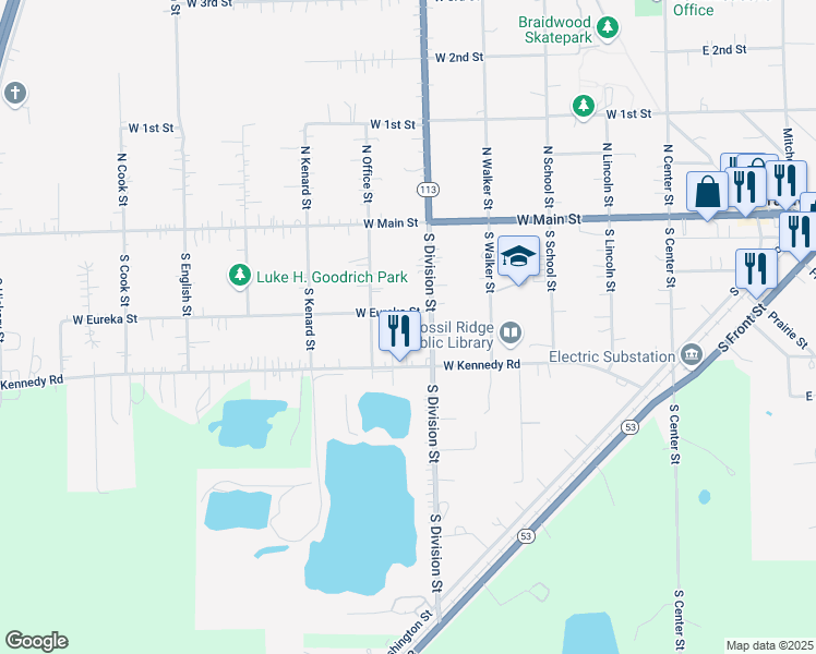 map of restaurants, bars, coffee shops, grocery stores, and more near 279 South School Street in Braidwood