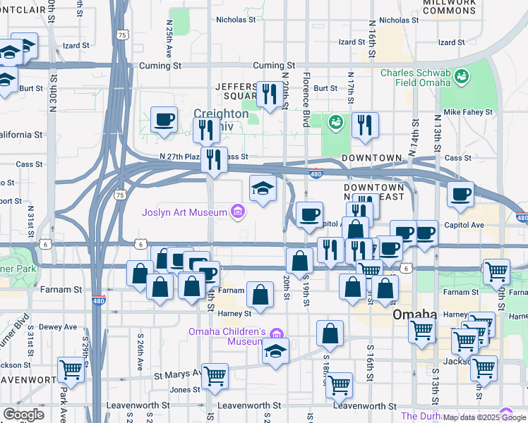 map of restaurants, bars, coffee shops, grocery stores, and more near 124 North 20th Street in Omaha
