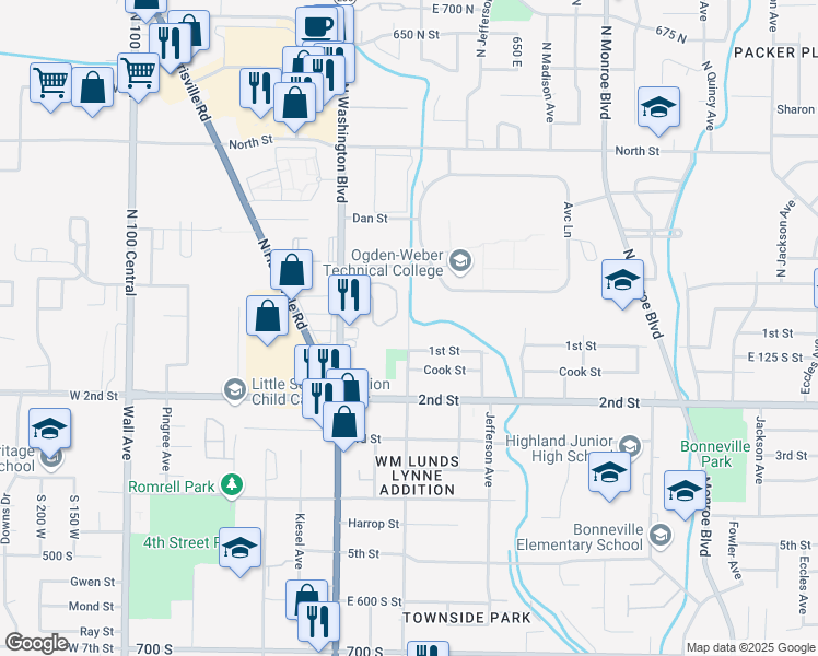 map of restaurants, bars, coffee shops, grocery stores, and more near 160 North Adams Avenue in Ogden
