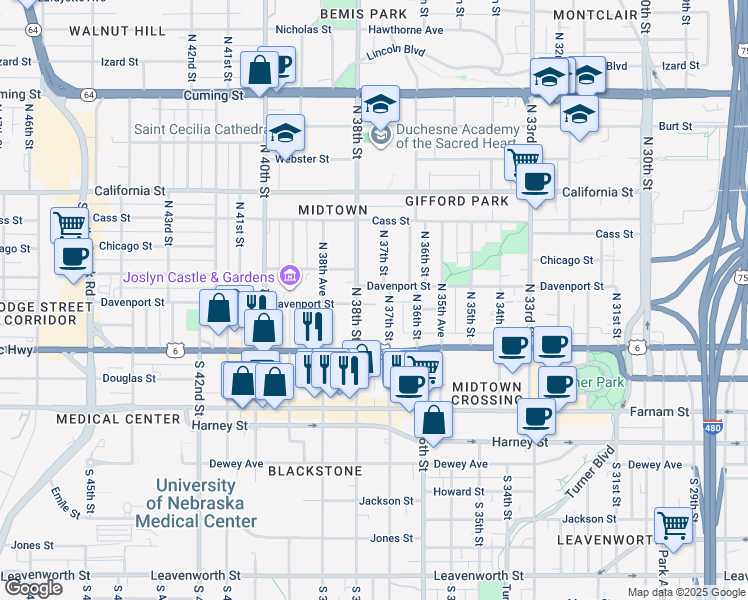 map of restaurants, bars, coffee shops, grocery stores, and more near 3703 Davenport Street in Omaha