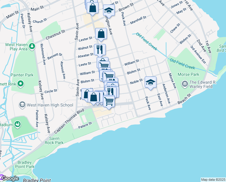 map of restaurants, bars, coffee shops, grocery stores, and more near 196 Noble Street in West Haven