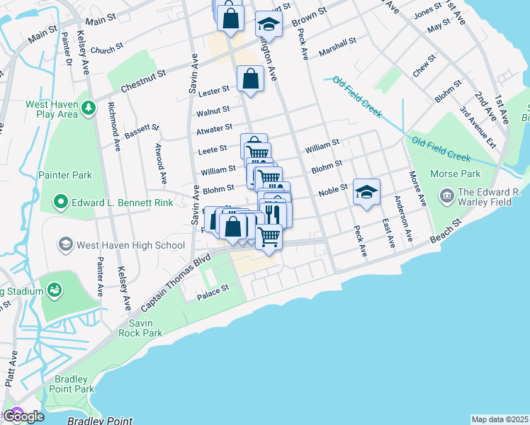 map of restaurants, bars, coffee shops, grocery stores, and more near 148 Campbell Avenue in West Haven