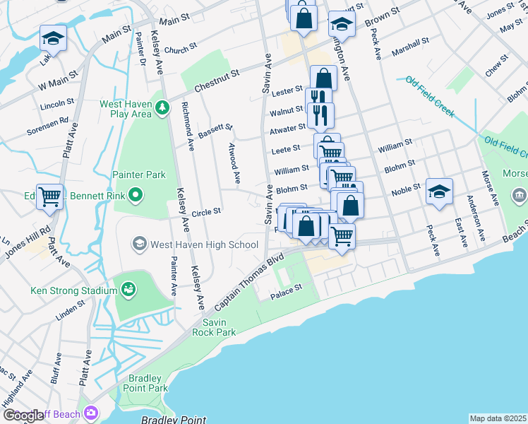map of restaurants, bars, coffee shops, grocery stores, and more near 7 Graham Manor Road in West Haven