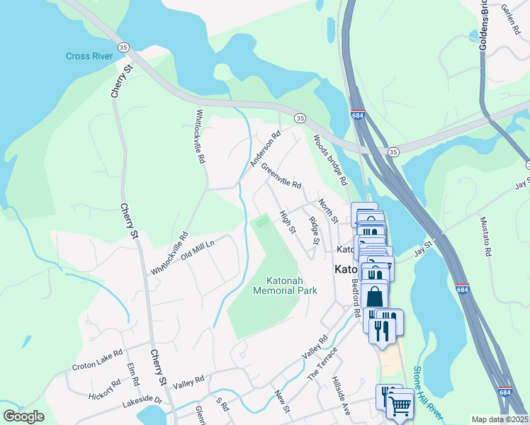 map of restaurants, bars, coffee shops, grocery stores, and more near 50 High Street in Katonah