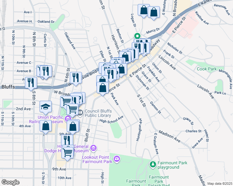 map of restaurants, bars, coffee shops, grocery stores, and more near 125 West Pierce Street in Council Bluffs
