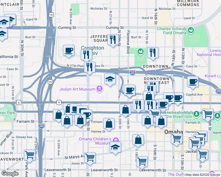 map of restaurants, bars, coffee shops, grocery stores, and more near 320 N 20th St in Omaha