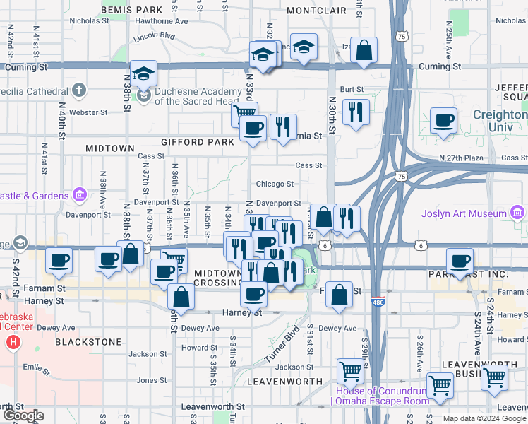 map of restaurants, bars, coffee shops, grocery stores, and more near 3270 Davenport Street in Omaha