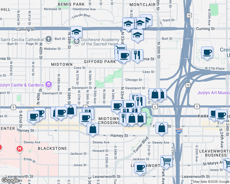 map of restaurants, bars, coffee shops, grocery stores, and more near 3320 Davenport Street in Omaha