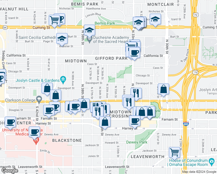 map of restaurants, bars, coffee shops, grocery stores, and more near 3554 Davenport Street in Omaha