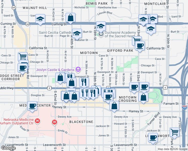 map of restaurants, bars, coffee shops, grocery stores, and more near 3714 Davenport Street in Omaha